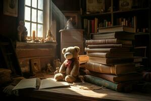 Old house room with book stack and teddy bear. Generate Ai photo