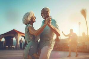 Elderly couple dancing on summer vacation. Generate ai photo