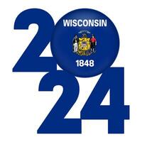 2024 banner with Wisconsin state flag inside. Vector illustration.