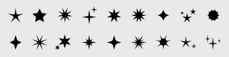 Vector retro set of futuristic sparkle icons. Collection of star shapes. Y2k abstract signs. Abstract cool shine 70s 80s 90s elements.