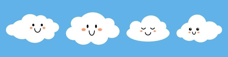 Vector set of white smiling clouds with faces on blue background. Cute funny baby cloud collection in flat design. Childish elements.