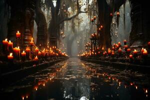 Graves swathed in Spanish moss and autumn vines, with Halloween garlands and lit candles placed among them. Generative Ai photo