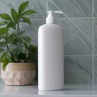 A white bottle of shampoo stands on the table in bathroom. AI Generative photo