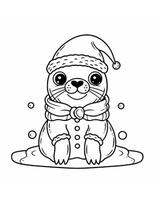 graphics of a seal in a Santa's hat, a coloring book for children for Christmas photo