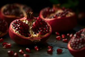 Ripe pomegranate with juicy seeds, on old wooden table. Neural network AI generated photo