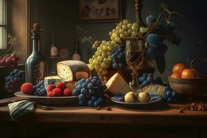 Wine, cheese and grapes in a vintage setup. Neural network AI generated photo