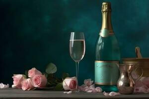 Champagne and roses elegant background. Neural network AI generated photo