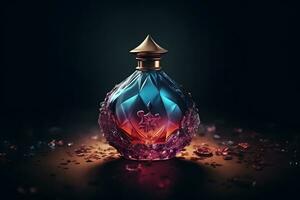 hermosa elegante perfume botella en un oscuro antecedentes. neural red ai generado foto