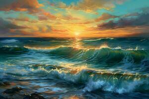 Oceano ola. mar agua en cresta forma. puesta de sol ligero y hermosa nubes en antecedentes. neural red ai generado foto