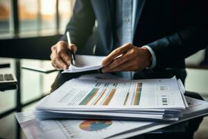 A business man in a suit checks papers. Business analysis, business management. Analytics and data accounting. Generated by artificial intelligence photo