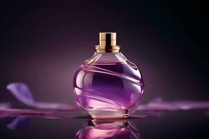 Purple glass perfume bottle mockup. Neural network AI generated photo