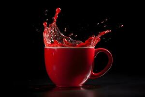 rojo taza con chapoteo. neural red ai generado foto