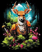 Animal illustration scene of a wild colorful deer hunting photo