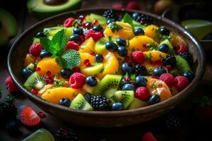 Bowl of healthy fresh fruit salad on wooden background. Top view. Neural network AI generated photo