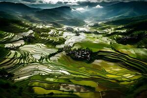 Rice fields on terraced of Mu Cang Chai, YenBai, Vietnam. Rice fields prepare the harvest at Northwest Vietnam.Vietnam landscapes. Neural network AI generated photo