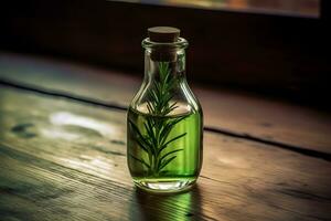 Bottles of pine essential oil and tree branch. Neural network AI generated photo