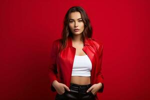 Young woman wearing red trendy clothing and accessories, against a red background. Generative Ai photo