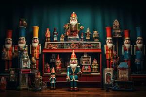 Miniature nutcrackers, elves and Santas from across the decades lined up with vintage Christmas signs and memorabilia. Generative Ai photo