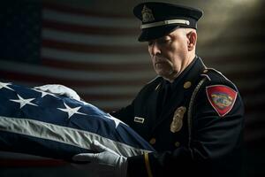 An honor guard performing a ceremonial flag-folding, symbolizing reverence and remembrance. Generative Ai photo