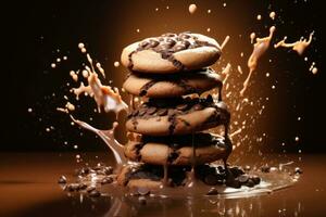 Coffee with milk splash on chocolate cookies over brown background. Advertising idea. Generative Ai photo