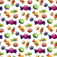 Seamless pattern with multicolored candies in a colored wrapper and striped caramels. Vector cartoon background with sweet Willy Wonka candies. Festive sweets for Halloween, Christmas, New year
