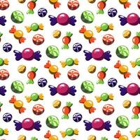 Seamless pattern with multicolored candies in a colored wrapper and striped caramels. Vector cartoon background with sweet Willy Wonka candies. Festive sweets for Halloween, Christmas, New year