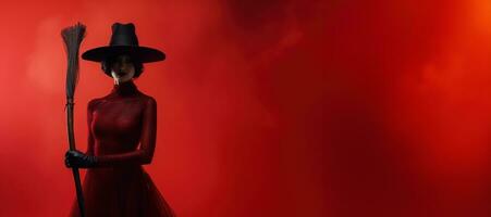 A mysterious witch clad in a floor-length red dress with black hat and broom, she exudes an aura of power and darkness. Red foggy background enhances the dramatic effect. Generative AI photo