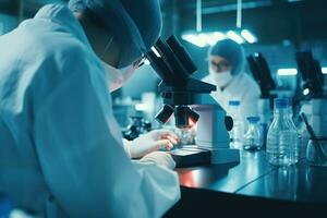 Scientist using microscope for research test in high tech medical laboratory. Generative AI photo