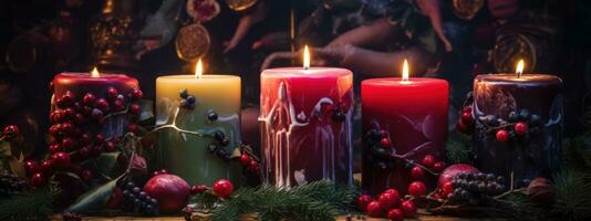 Artisanal candles decorated with holly leaves, berries and snowflakes clustered together with coordinating gift tags and ribbons. Generative Ai photo