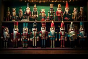 Miniature nutcrackers, elves and Santas from across the decades lined up with vintage Christmas signs and memorabilia. Generative Ai photo