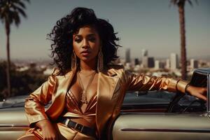 A female rapper in a glamorous, vintage-inspired outfit, posing provocatively on a classic convertible car against a Los Angeles backdrop. Toned Image. Generative Ai photo