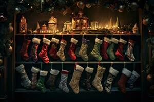 Christmas stockings in various textures, sizes and designs hung from wooden dowels or a garland. Generative Ai photo
