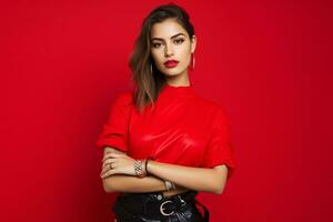 Young woman wearing red trendy clothing and accessories, against a red background. Generative Ai photo