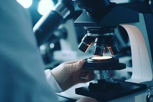 Scientist using microscope for research test in high tech medical laboratory. Generative AI photo