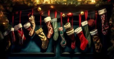 Christmas stockings in various textures, sizes and designs hung from wooden dowels or a garland. Generative Ai photo