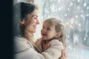 mamá y niño en pie cerca el ventana y mirando afuera. generativo ai foto