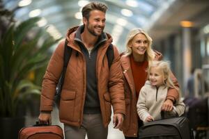 Tourist young family with luggage trolley at airport. Generative Ai photo