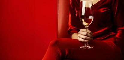 Woman holding champagne flute while sitting against red background. Generative Ai photo