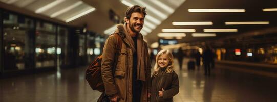 Tourist young family with luggage trolley at airport. Generative Ai photo