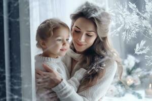 mamá y niño en pie cerca el ventana y mirando afuera. generativo ai foto