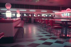 Old Fashioned Red Bar Stools In American Burger Retro Diner Restaurant. Interior Of Bar Is In Traditional American Style. Neural network AI generated photo