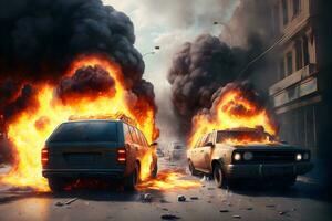 ardiente automóvil carros en fuego accidente en ciudad la carretera. neural red generado Arte foto