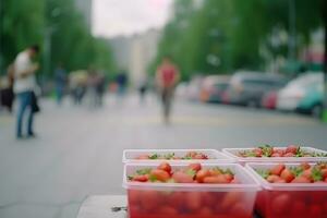 Harvest strawberries. Packing strawberries in boxes for sale. Neural network AI generated photo