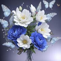 Flower realistic seamless butterfly abstract pattern. floral random background blue white ai generative photo