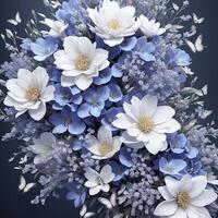 Flower realistic seamless butterfly abstract pattern. floral random background blue white ai generative photo