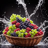 basket full of fruits berries and green grapes explode with huge particles splashing on the air ai generative photo