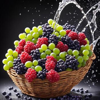 basket full of fruits berries and green grapes explode with huge particles splashing on the air ai generative photo