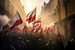 un patriótico desfile en Polonia con personas ondulación nacional banderas y celebrando el paises independencia. generativo ai foto