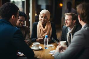 A diverse group of individuals engaged in interfaith dialogue, emphasizing the importance of religious tolerance and coexistence. Generative Ai photo