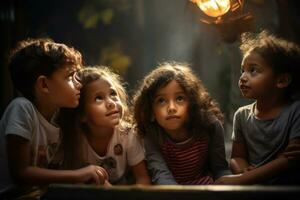 niños desde varios antecedentes jugando juntos y exhibiendo el idea de tolerancia siendo pasado abajo a mas joven generaciones generativo ai foto